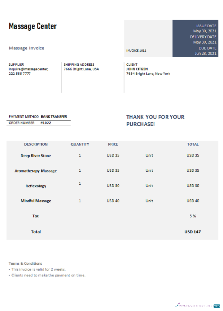 Download USA Massage Center invoice Photoshop template